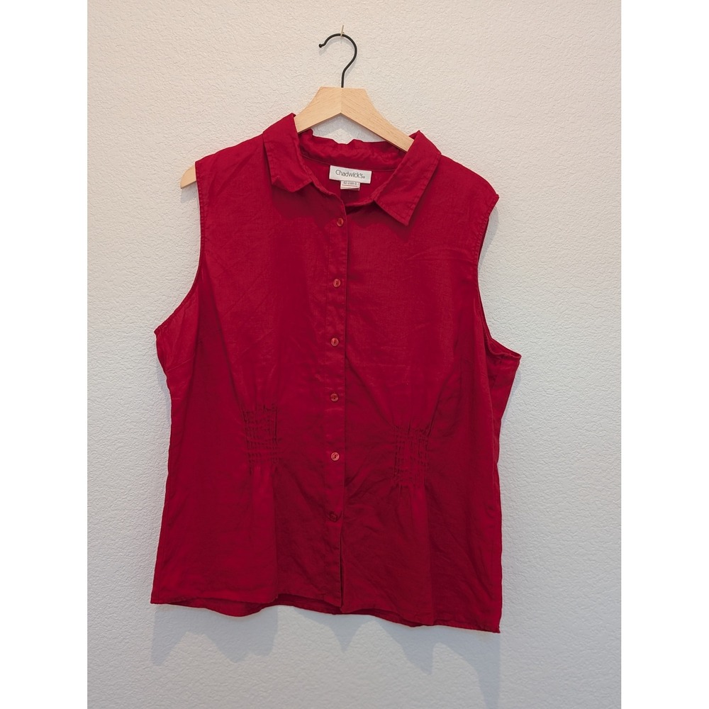 Chadwick's Red 100% Linen Sleeveless Button Down Shirt Smocked Waist Size 18